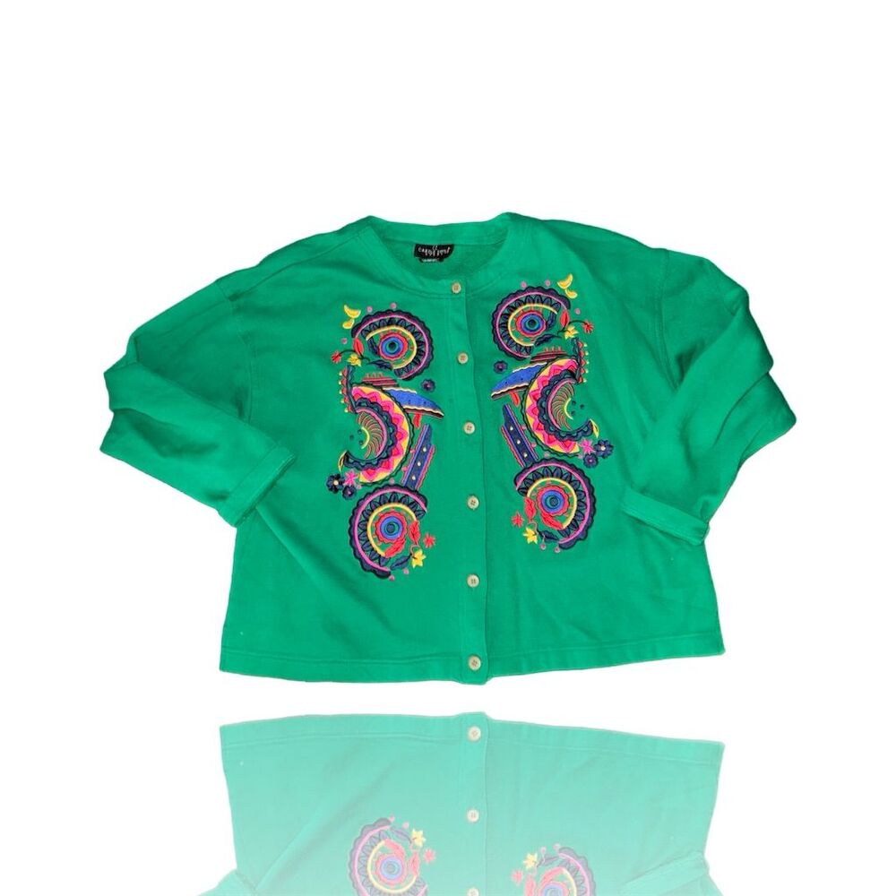 Carole Little Sport VINTAGE Women's LG Green Embroidered Cardigan Sweater: EUC